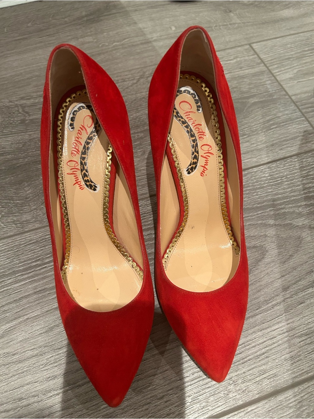 Charlotte Olympia Red Suede Pointed Pumps